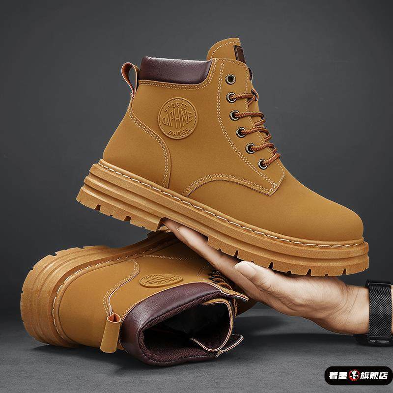 2025 Spring Work Boots Men's Safety Shoes Versatile Martin Boots Leather High-Top Sneakers Casual Shoes Men's Yellow Boots