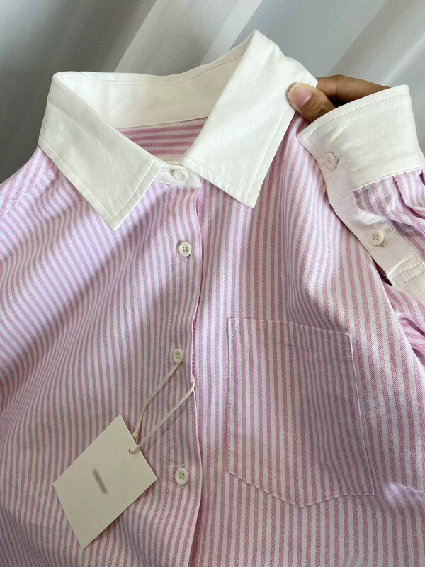 Artistic Sweet Girl Pink Striped Shirt Loose Fit Layered with Jacket Pink and White Shirt Long Sleeve Spring and Autumn Outfit 2026