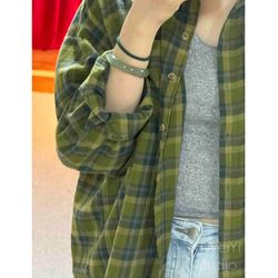 Pure Cotton Green Plaid Shirt for Women 2025 Spring and Summer Petite Shirt with Cardigan, Loose and Casual Sun Protection Top