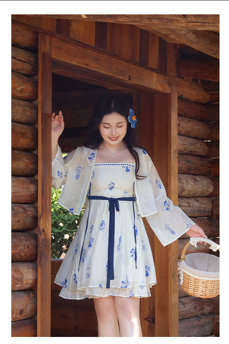 Китайцы одежда наборы 瑶西【青花瓷】白色天丝裙子巨好看的短裙汉服新中式吊带洋装