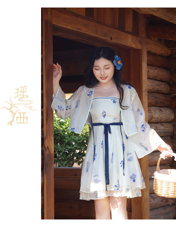 Китайцы одежда наборы 瑶西【青花瓷】白色天丝裙子巨好看的短裙汉服新中式吊带洋装
