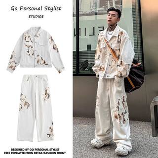 【两件装】蕾丝拼接牛仔外套潮牌直筒秋季复古个性火焰阔腿裤套装