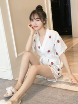 Summer thin pajamas womens cotton Japanese girl strawberry cardigan tie short-sleeved loose outing home clothes suit