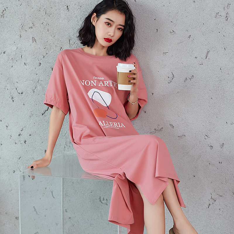 2021 new summer nightdress Korean version pure cotton thin round neck short sleeve mid-length version can be worn outside long skirt pajamas women