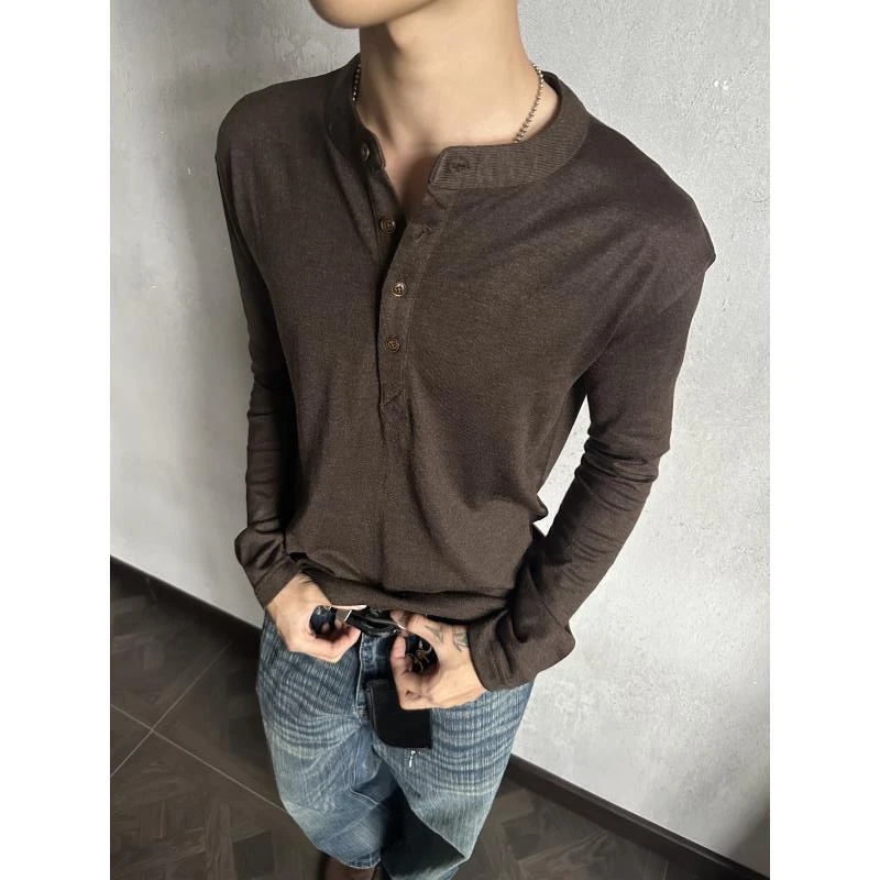 【Eme】Merino Wool Henry Collar Solid Color Knitted Long-Sleeve T-Shirt for Men and Women, Spring Old Money Style Base Shirt Top