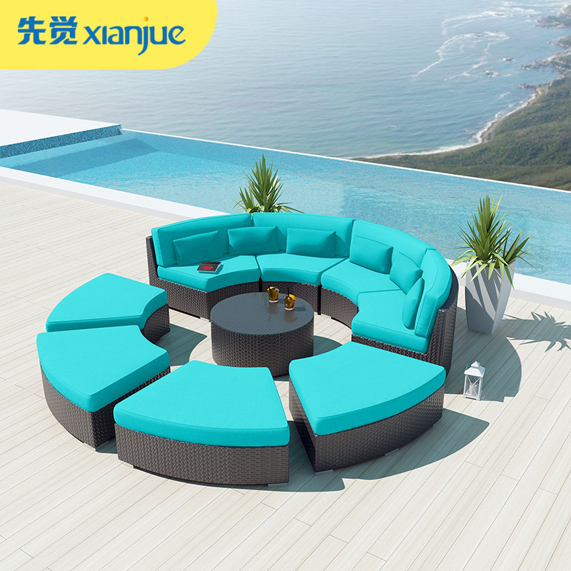 Rattan sofa combination outdoor leisure courtyard garden homestay hotel terrace outdoor arc-shaped rattan furniture