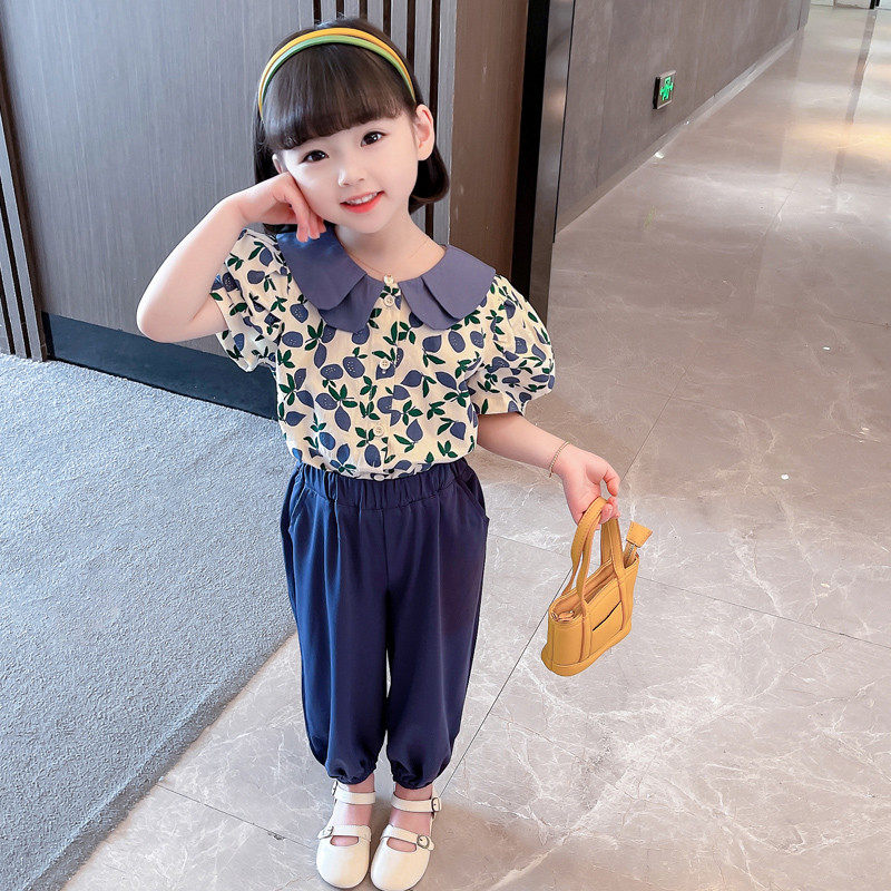 Hong Kong girl's summer clothing suit 2022 new children Broken Flowers Clothes Breathable Mesh Red Female Baby Foreign Pie two sets