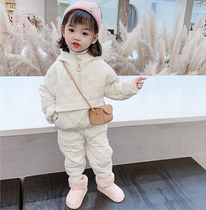 Hong Kong Girl Suit Winter 2021 New Tide Baby Clips Cotton Half Zip Thickened Children Warm Cotton Clothing Two Sets