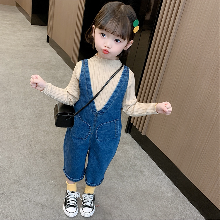 Hong Kong girl's autumn clothing Cowboy cuddling bag pants suit 2021 new Korean version Fashion children suit baby spring and autumn slim fit