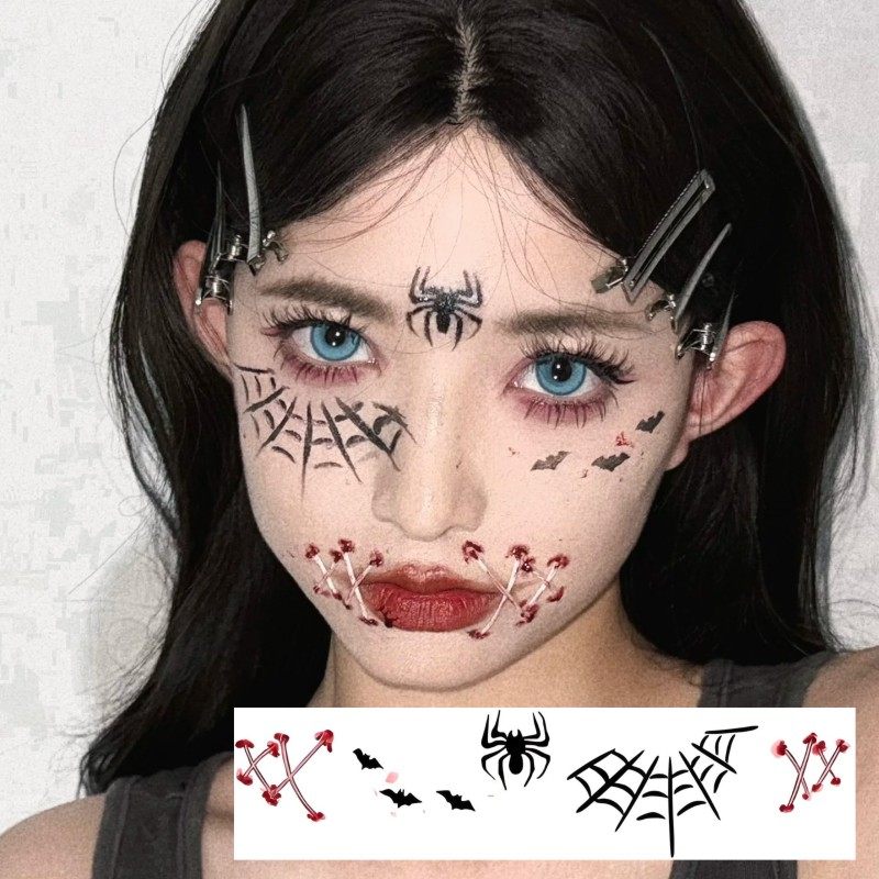 Halloween temporary tattoos, spider stitch scar makeup face stickers, high-quality cosplay, sweet and cool character, party photo shoot.