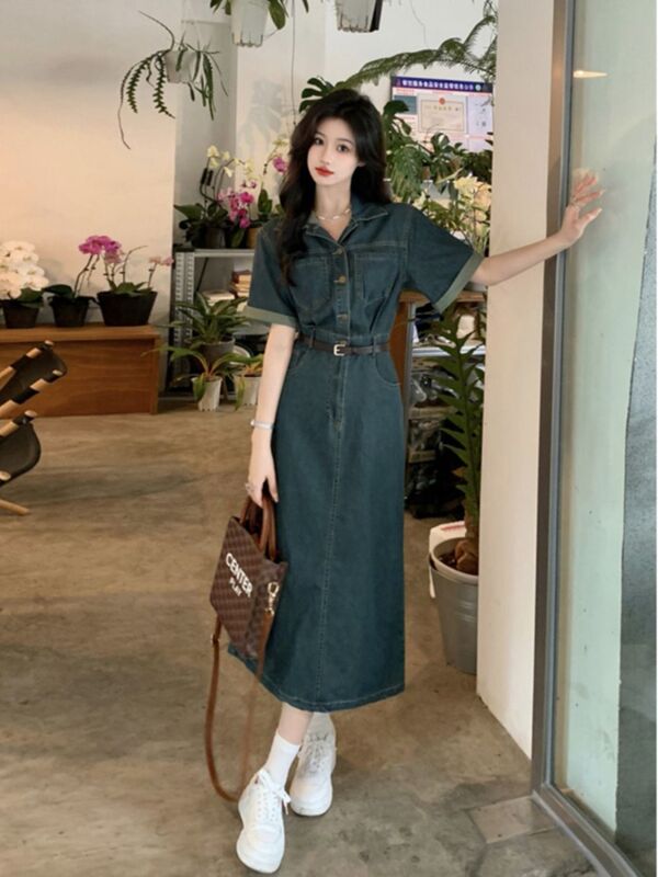 Polp Collar Fashionable Short-Sleeved Denim Dress Summer 2023 New Niche Design Mid-Length Skirt Women's Clothing