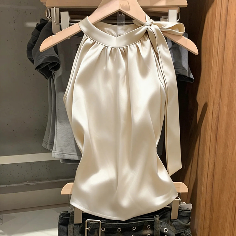 Removed from Store! High-End Silk Satin Halter Neck Tank Top for Women, New Summer Style, Sleeveless, Niche French-Style Top