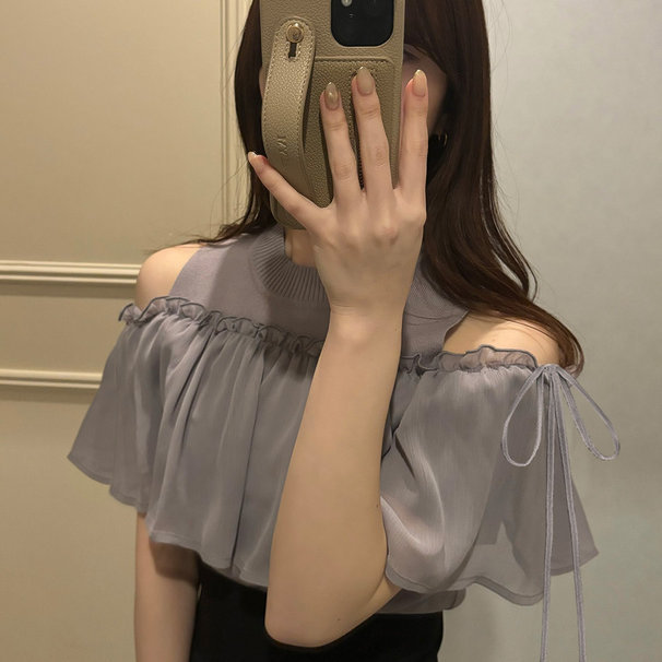 Grl New Japanese-Style Sweet 2-Way Ruffled Tie-Up Off-Shoulder Slim-Fit Knit Top Mb1573