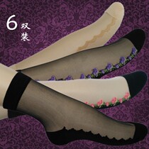 Cotton stockings womens pure cotton wear-resistant non-slip short crystal glass silk sunshine with flowers black thin girl Korean