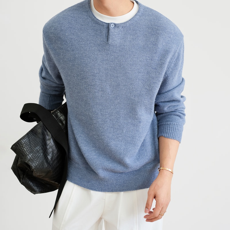 【Single Button】Old Money Henry Collar Sweater for Men, Autumn Loose Long Sleeve Knitwear, Commuting Top, Blended Round Neck