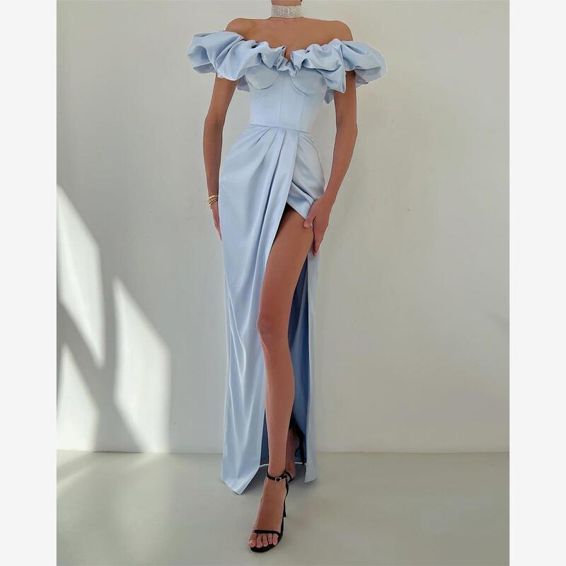 High-End Light Blue Ruffled One-Shoulder High-Slit Dress for Valentine's Day, Birthday, Graduation, and Evening Parties