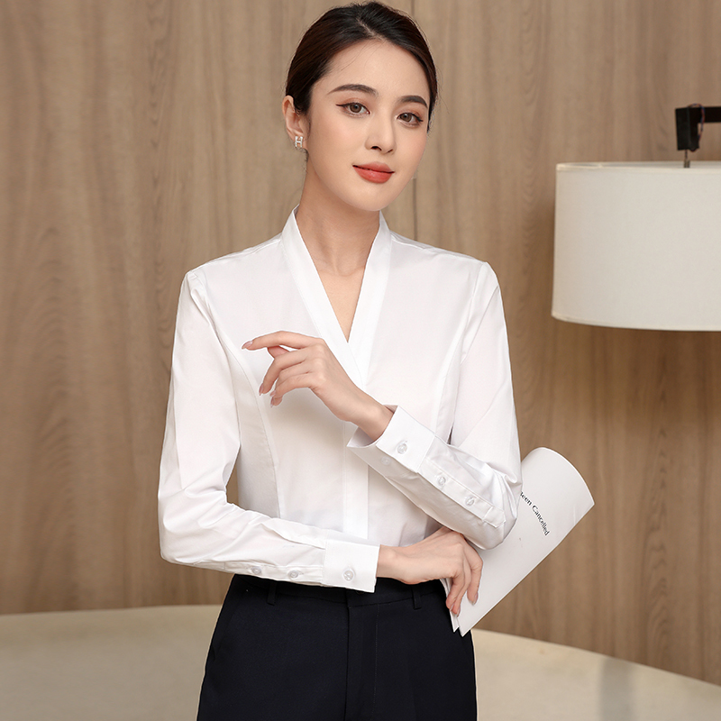 White V-Neck Shirt for Women, Collarless Long-Sleeved Front Desk Work Uniform, New Spring and Autumn Professional Formal Wear, Jewelry Store White Shirt