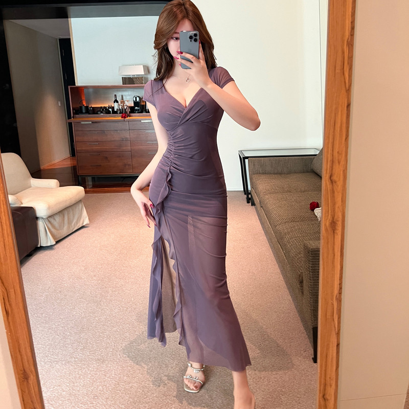Nightclub Foot Massage Work Uniform Soft-Style Technician Massage Spa Long Skirt Sexy Mesh Slit Dress for Women