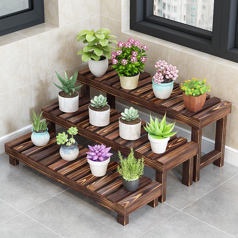 Outdoor anti-corrosion solid wood multi-layer floor-to-ceiling flower shelf indoor and outdoor balcony succulent green dill rack stepped shelf
