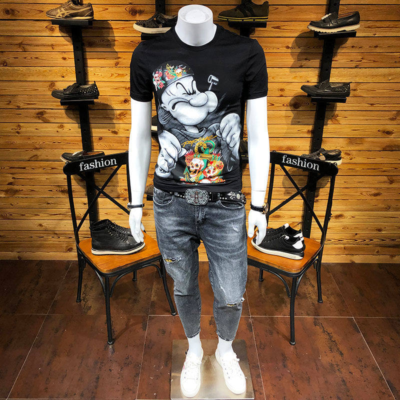 European and American Chaobou Men's clothing T-shirt Summer 2021 New Korean version Fitted Half Sleeve Round Collar Printed Men's Short Sleeve T-shirt