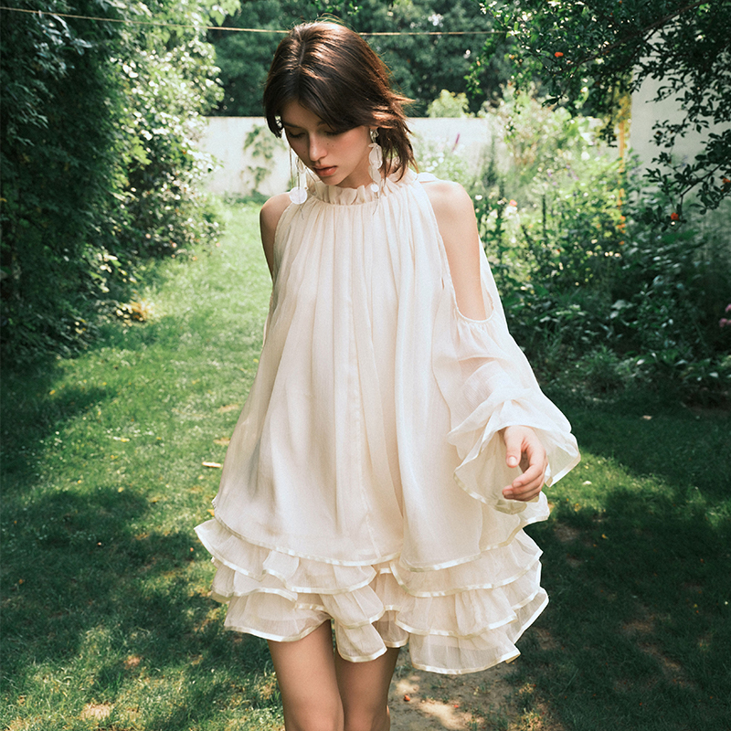 [Same Style as Guan Xiaotong/Tian Xiwei] Marcmoore French Off-Shoulder Chiffon Ruffle Ribbon Dress for Women