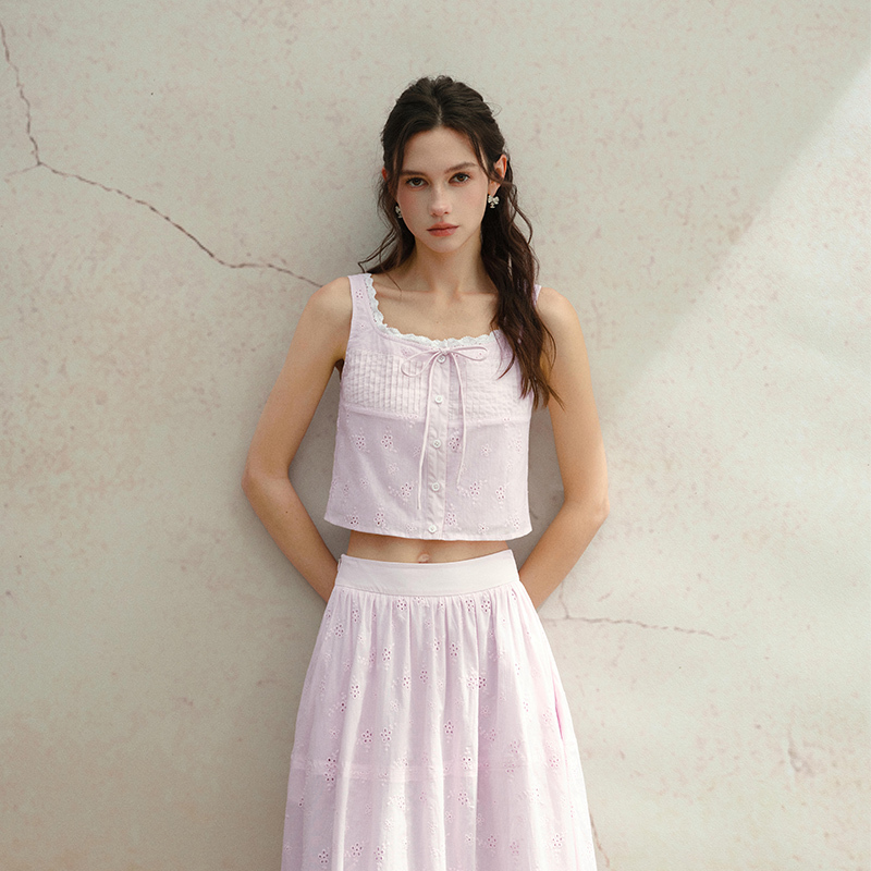 Marcmoore French-Style Gentle Pink Girly Vintage Embroidered Lace Pleated Pink Camisole Top Set for Spring