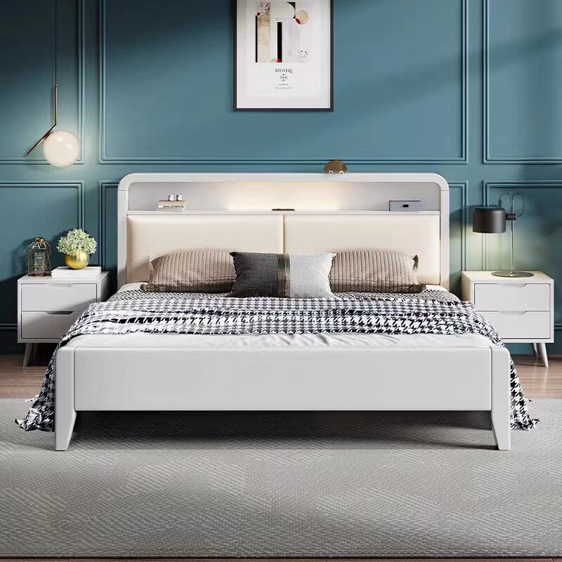 Nordic solid wood bed with night light white modern minimalist 1 2m double bed 1 35m small apartment storage bed