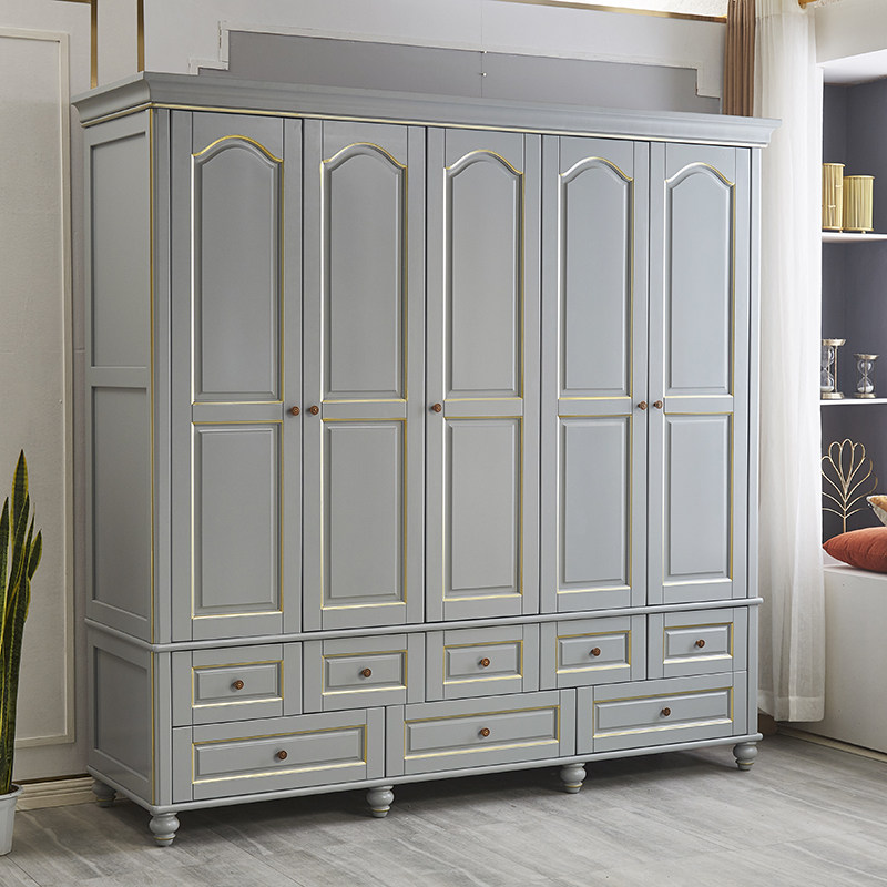 American solid wood light luxury wardrobe dressing table combination cabinet gray 3 doors 4 doors 5 doors bedroom suite large wardrobe