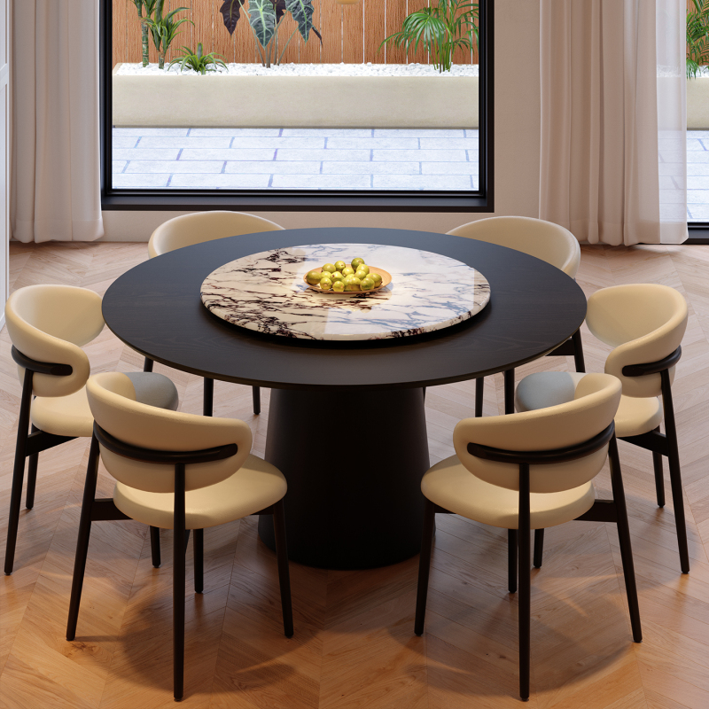 French-Style Vintage Solid Wood Round Dining Table with Turntable, Black Ash Wood, Light American-Style Mid-Century Minimalist Dining Table and Chairs French-Style Vintage Solid Wood Round Dining Table with Turntable, Black Ash Wood, Light American-Style Mid-Century Minimalist Dining Table and Chairs
