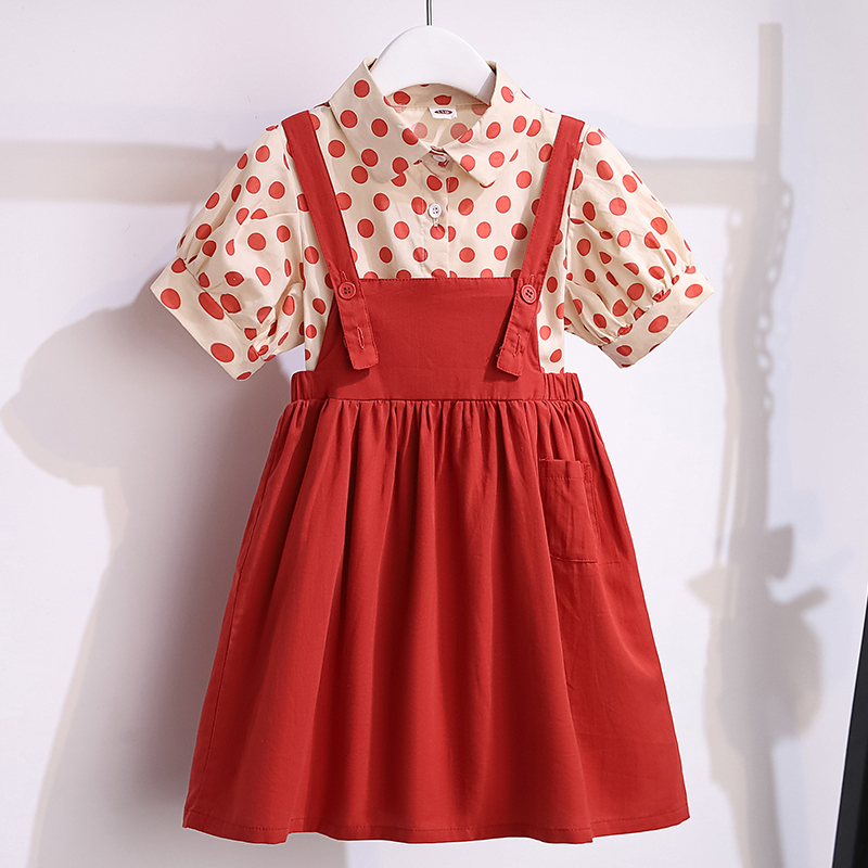 Girl red braces for dress and summer clothing 2023 new foreign air trendy short sleeves CUHK Tong Point Shirt Two sets-Taobao