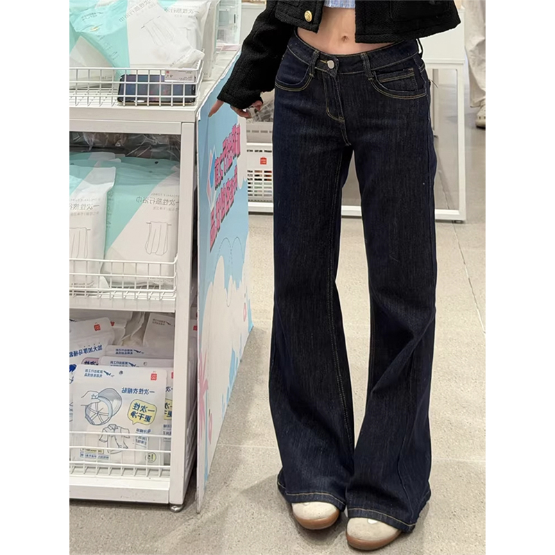 Dark Flared Jeans for Women 2026 Summer New American Style Low-Waisted Loose Drape Floor-Length Straight Bell-Bottom Pants