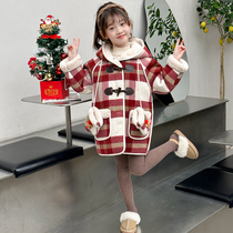 Girls woolen coat winter 2023 new childrens plaid plus velvet mid-length coat womens winter outerwear trend