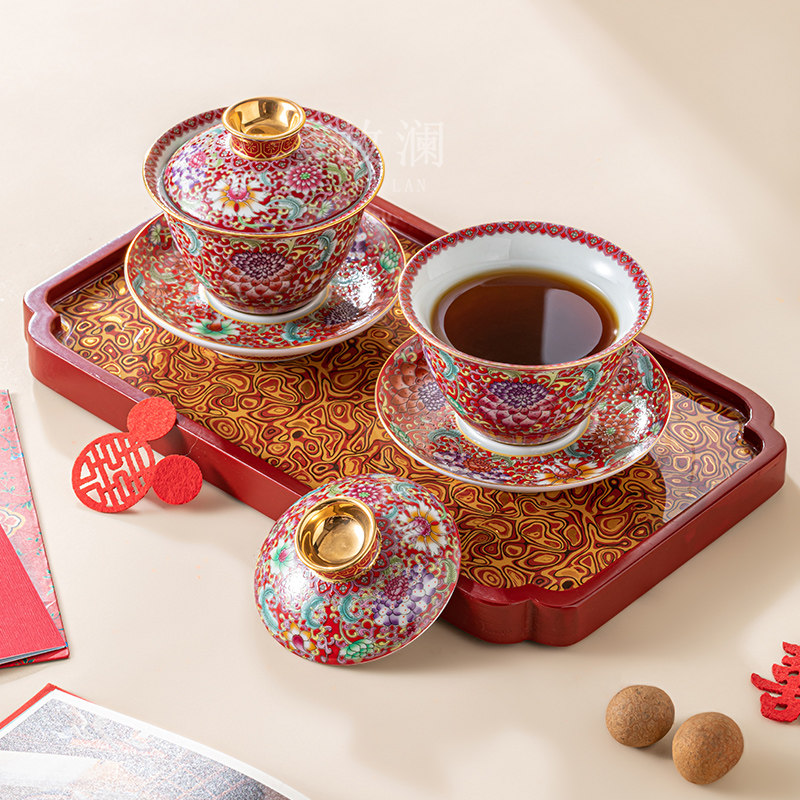 Home Lan High-end Wedding Enamel Color Toast to Tea Sancai Bowl Chinese Palace Style Palace Wind Joyful Celebration of the Beloved Tea Cup Companion Gift-Taobao