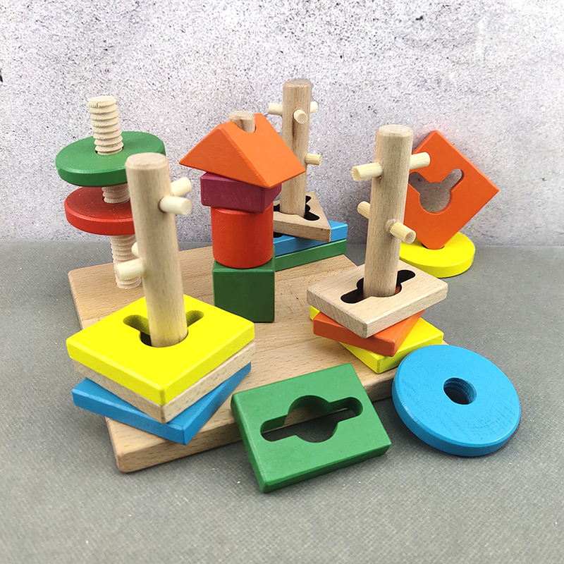 Children's geometric shape matching toys color cognition Montessori early education educational teaching aids five sets of column building blocks 1-2 years old