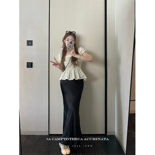 Сексуальная шелковая шелковистая черная длинная юбка, рыбий хвост, высокая талия