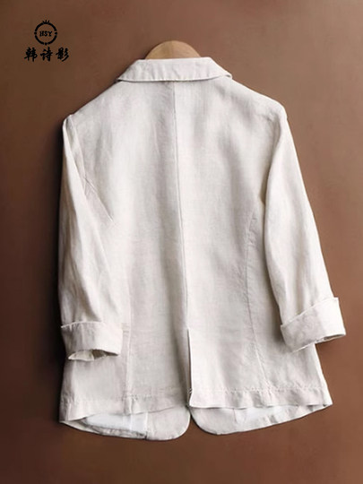 复古宽松七分袖外套女2025春夏秋季棉麻通勤西服纯色大码气质上衣