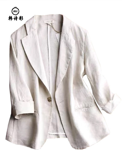 复古宽松七分袖外套女2025春夏秋季棉麻通勤西服纯色大码气质上衣
