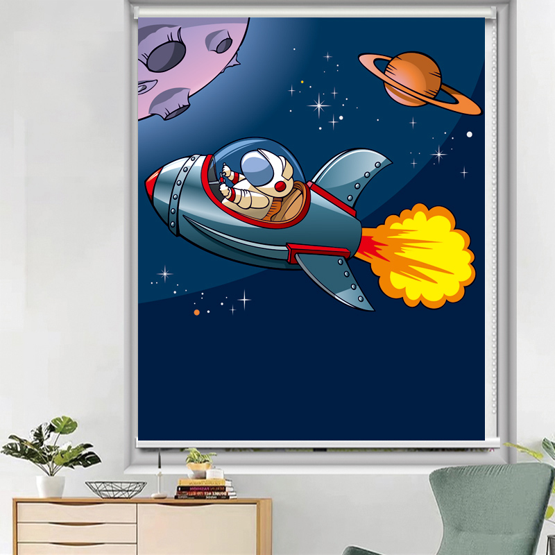 Space-Themed Children's Room Curtains for Boys, Cartoon Bedroom Roller Blinds, Pull-Type, Laboratory Science Museum, Blackout, Windproof, Blocking