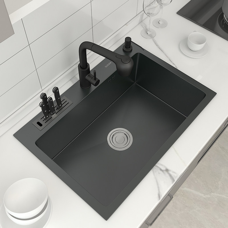 Nano Black Single Sink With Knife Holder Hitchhiking Drain Basket Plan Kitchen Terrace with washing dishes washing dishes 60