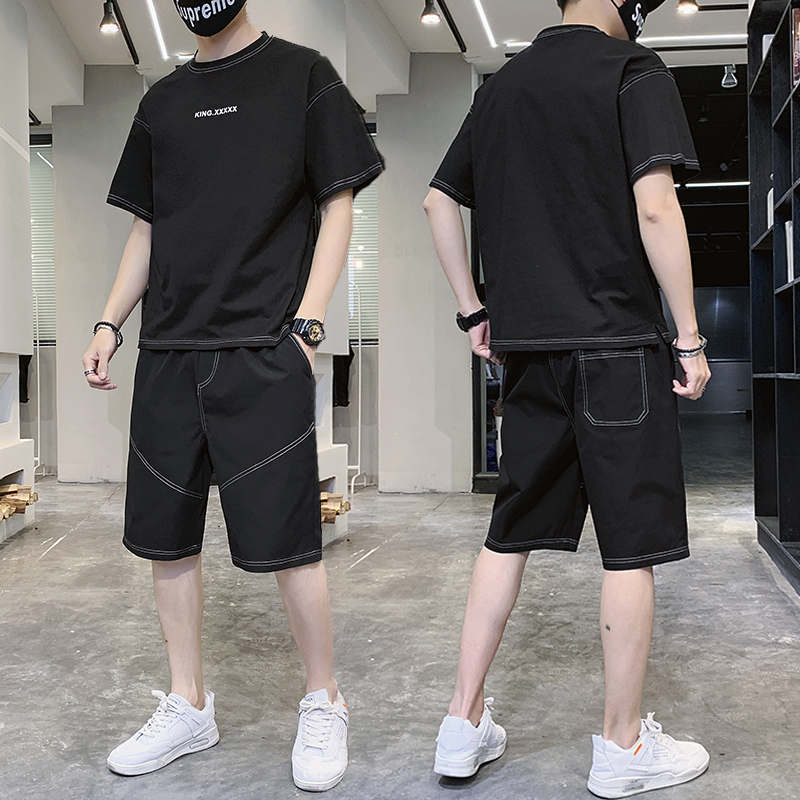 Trendy casual sports suit men's summer thin loose ice silk quick-drying clothes short-sleeved shorts with two-piece set