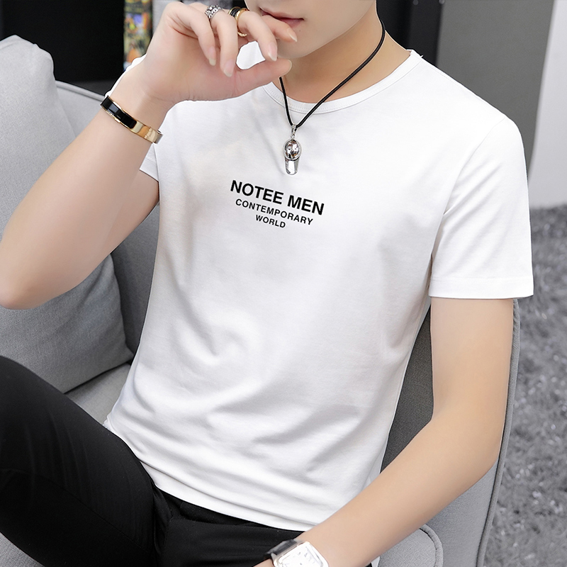 Modale Short Sleeve Men's Summer New Pure Cotton Casual 100 Hitch Printed Blouse Round Collar Thin Ice Silk T-shirt Men's Clothing