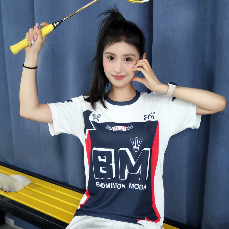 Bm Shichuang Mo Yu Casual Sports Navy Blue Red and White Color-Blocked Star Logo Badminton Shirt Unisex Quick-Drying Breathable T-Shirt
