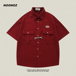 Noonoz Tide brand retro hip -hop short -sleeved shirt Men's summer street American college style wild shirt