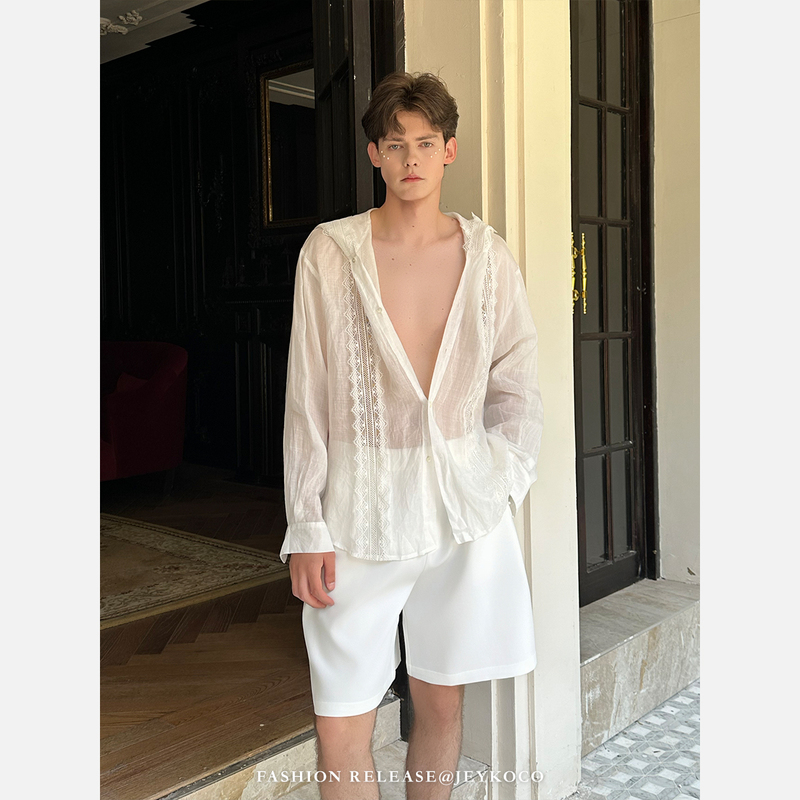 Jeykoco Summer Embroidered Lace Cotton and Linen Shirt for Men, Lightweight Sun Protection White Hooded Long-Sleeved Top, Trendy Jeykoco Summer Embroidered Lace Cotton and Linen Shirt for Men, Lightweight Sun Protection White Hooded Long-Sleeved Top, Trendy