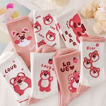 Socks for women autumn and winter mid-calf socks spring and autumn style cute cartoon strawberry bear pink sweet and cute stockings for sports