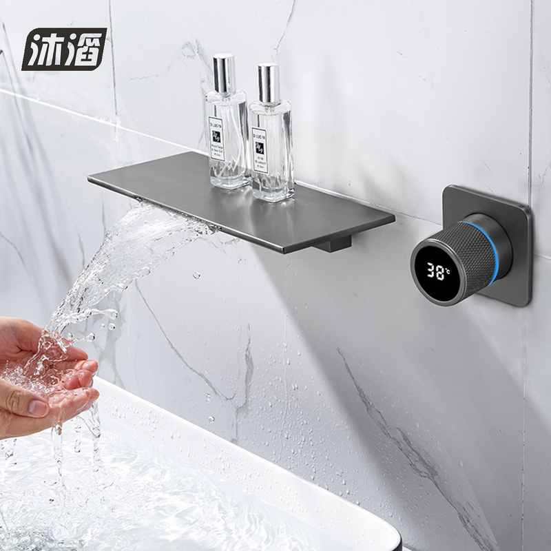 Muta All-Copper Waterfall-Style Bathtub Faucet, Concealed Wall-Mounted Hot and Cold Basin Faucet with Digital Display Muta All-Copper Waterfall-Style Bathtub Faucet, Concealed Wall-Mounted Hot and Cold Basin Faucet with Digital Display