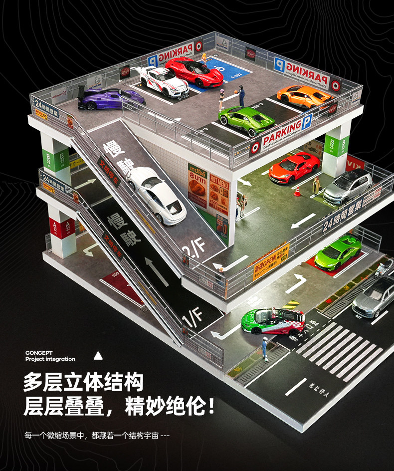 Diorama 1/64 Car Garage Model LED Japanese City Parking Lot Scene