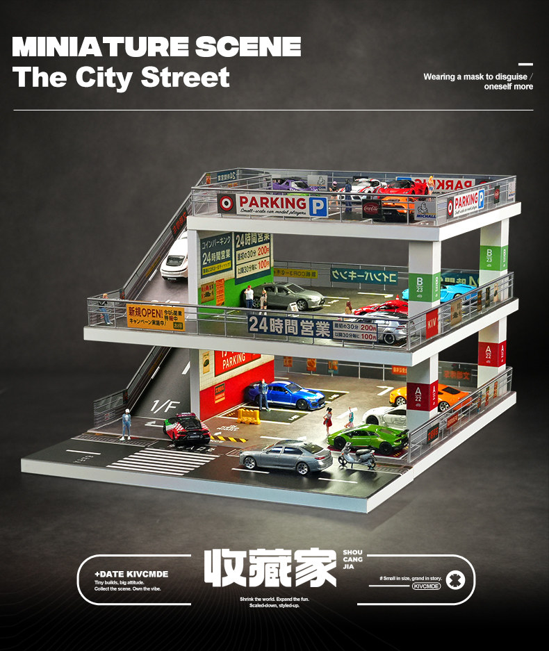 Diorama 1/64 Car Garage Model LED Japanese City Parking Lot Scene
