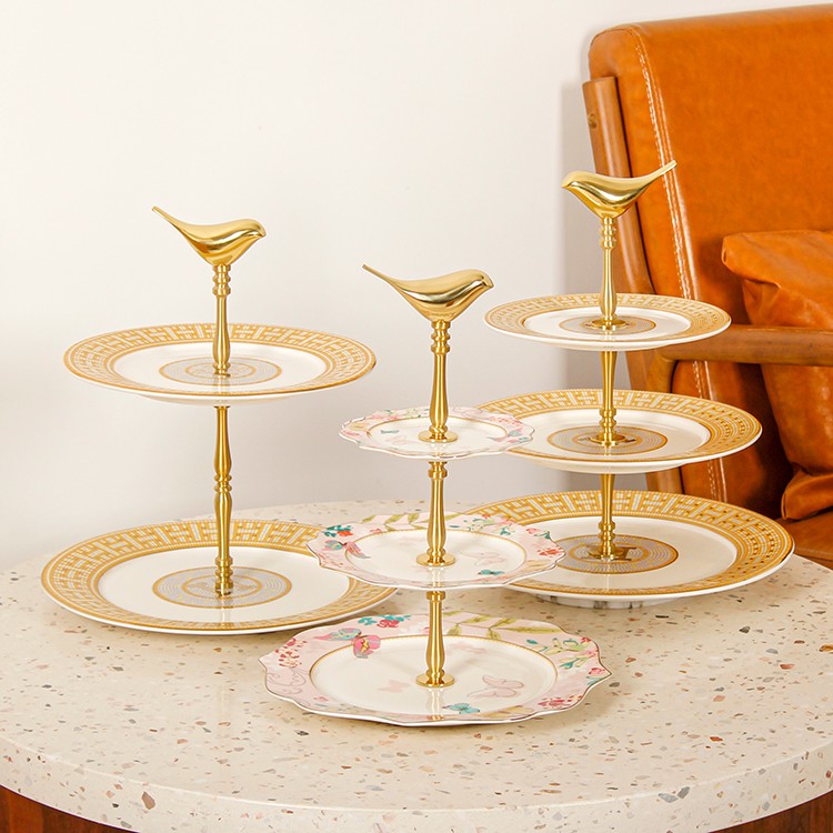 Brass fruit plate light luxury glass three-layer snack plate ceramic multi-layer tray rack pastry dried fruit cake dessert table