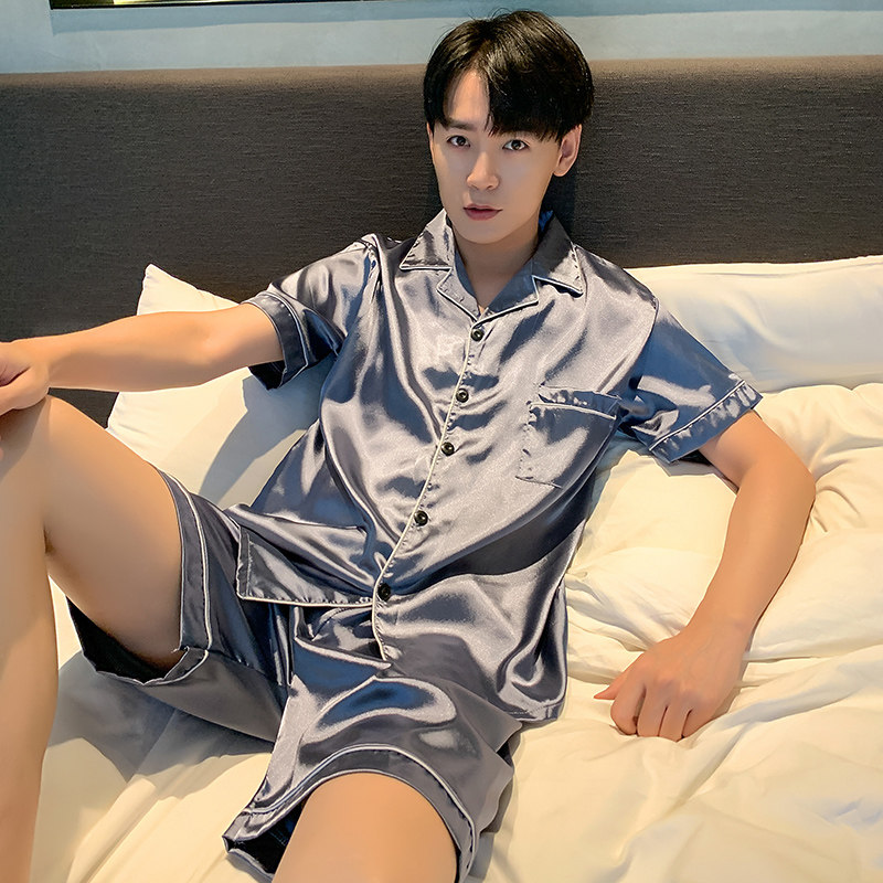 Sleepwear Men's Summer Short Sleeves Shorts Ice Silk Thin Korean version Pure Color Men Silk Home Suits Two Style Suits Big Size
